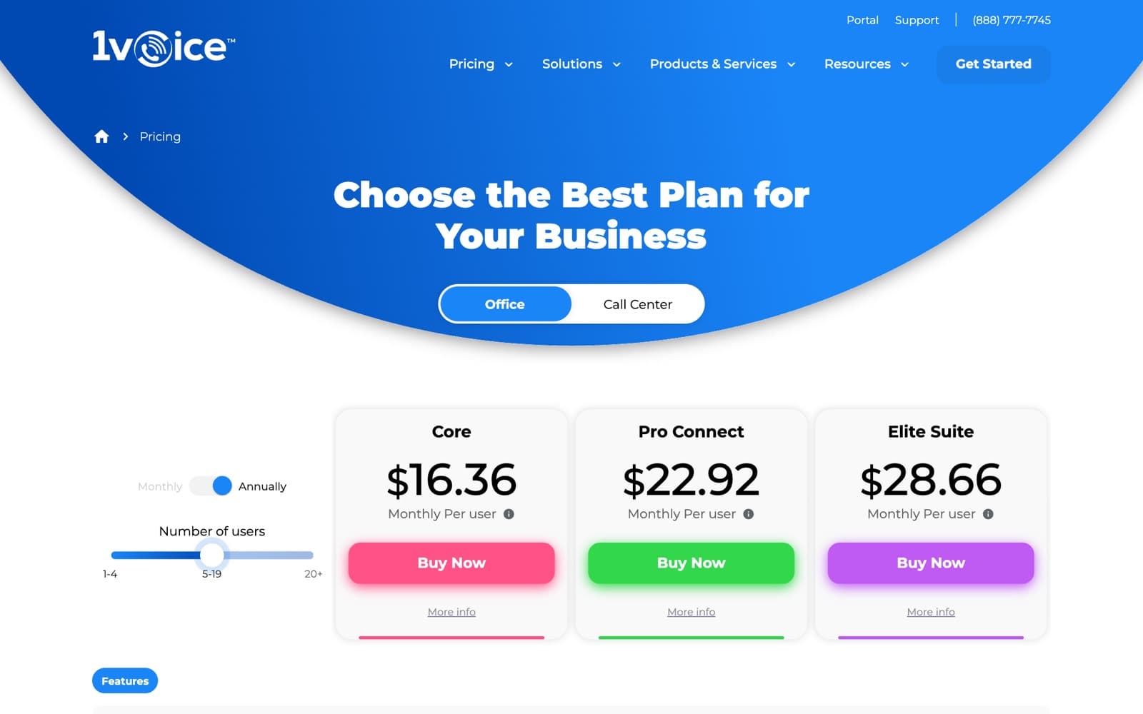 Pricing — annual billing, 5–19 users, three office plans.