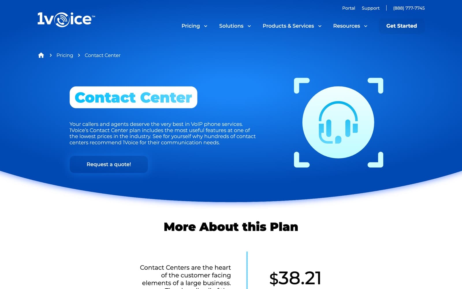 Contact Center — the call-center plan with a page of its own.