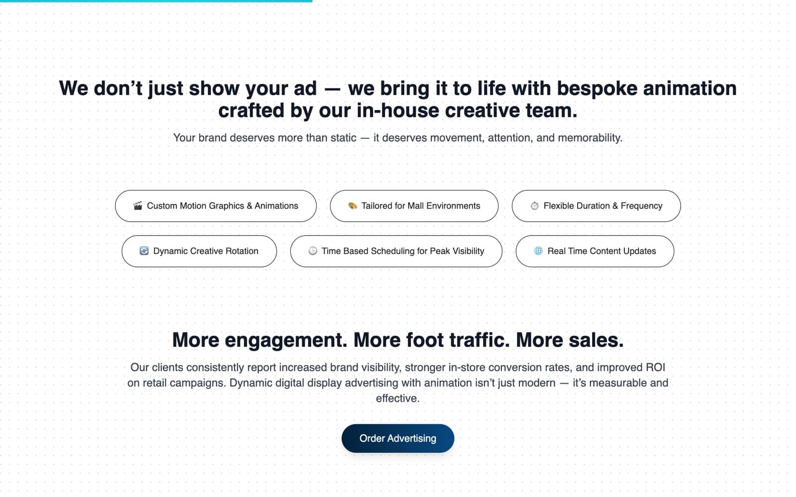 Capabilities — the six levers of an animated mall campaign.