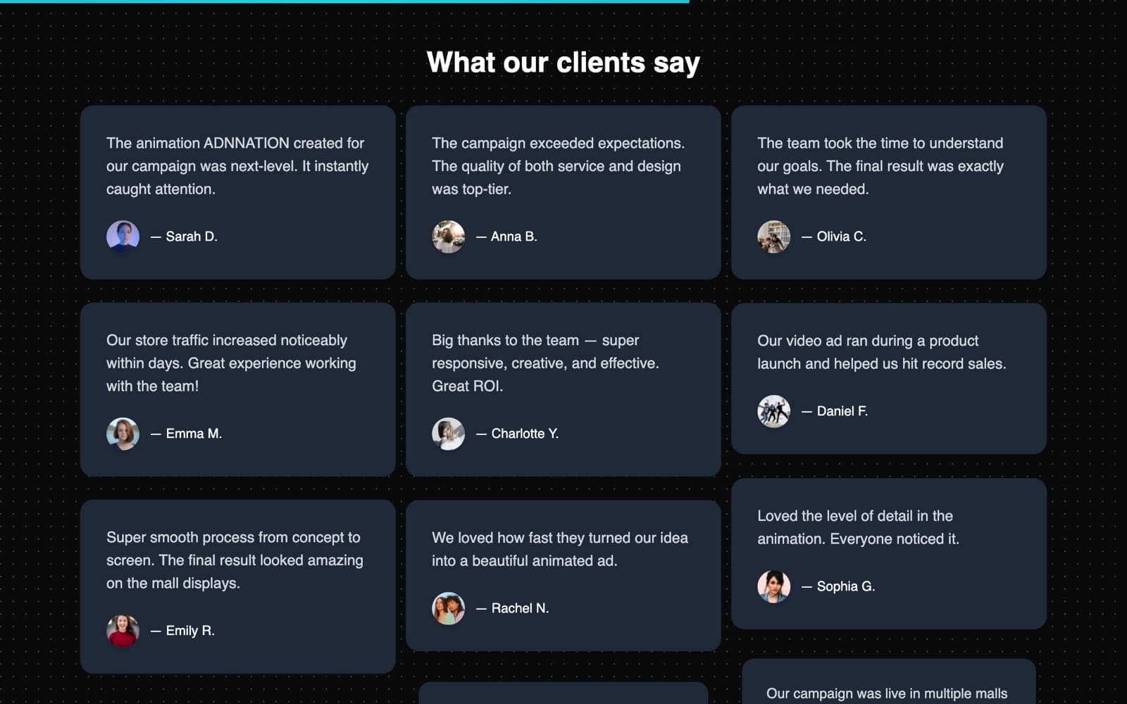 Reviews — client quotes in three scroll-linked columns, dark theme.
