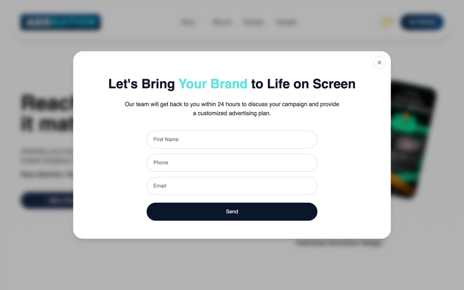 Quote request — the three-field form behind every button.