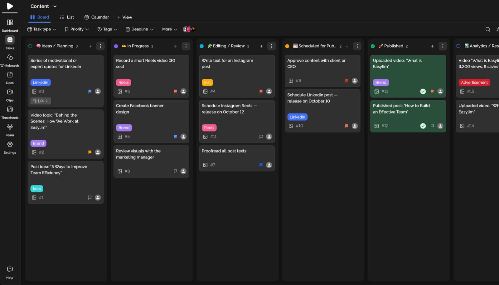Kanban board — a content pipeline with custom statuses and task types.