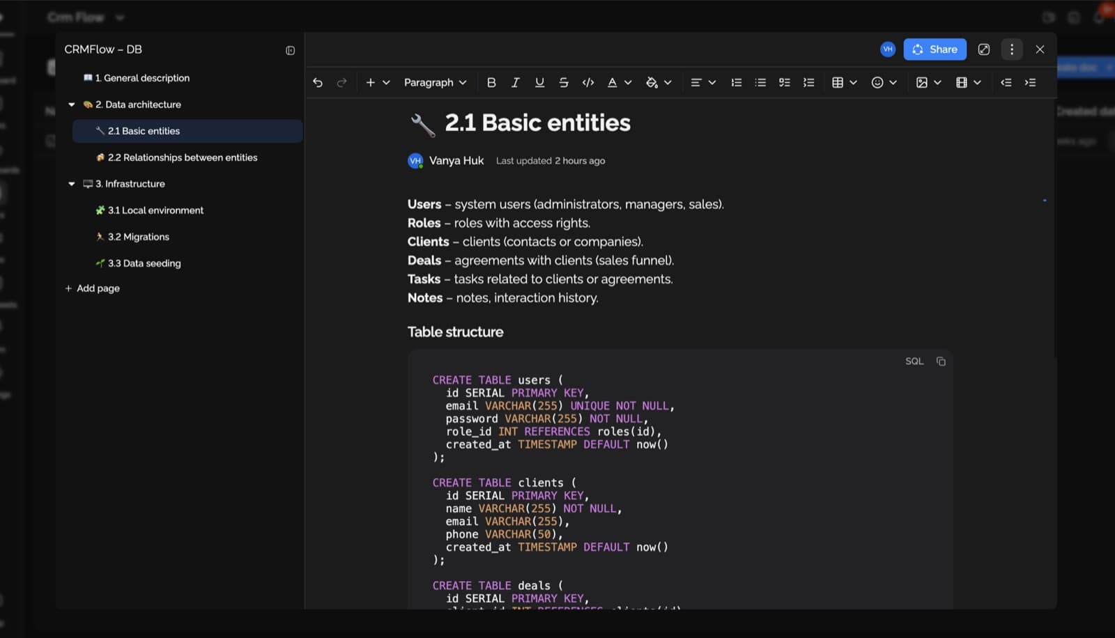 Documents — a technical wiki page with nested structure and SQL.