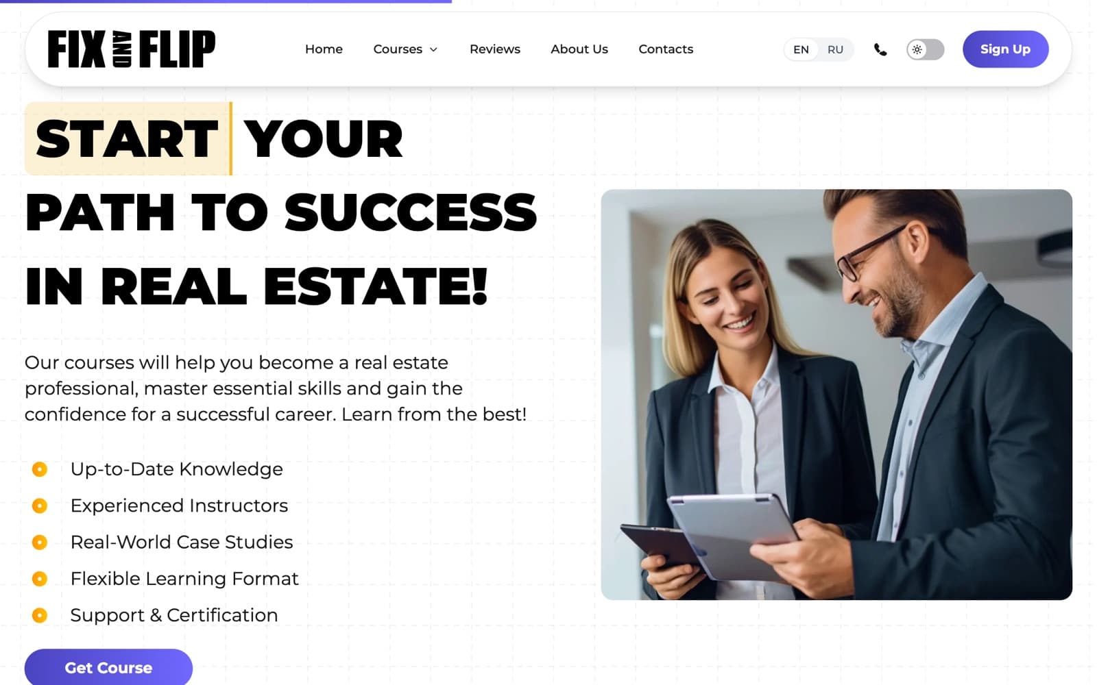 Home — the path-to-success block and its five promises.