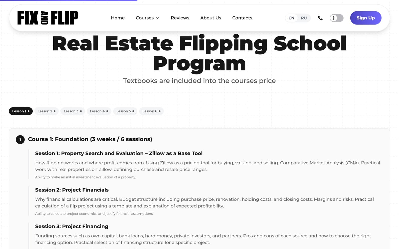 Course page — the Foundation syllabus, session by session.