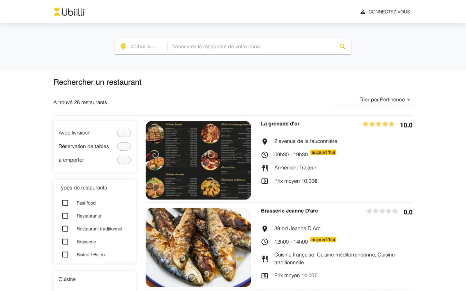 Search — service filters and restaurant cards with today's hours.