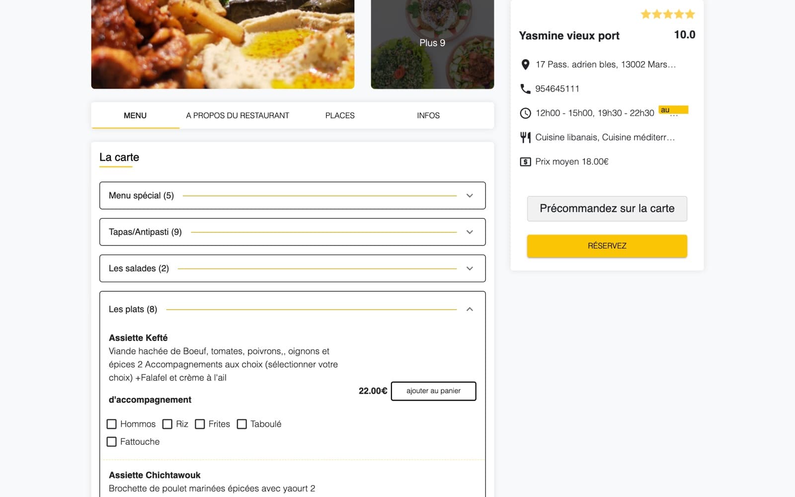 Restaurant page — menu with sides, pre-order and booking actions.