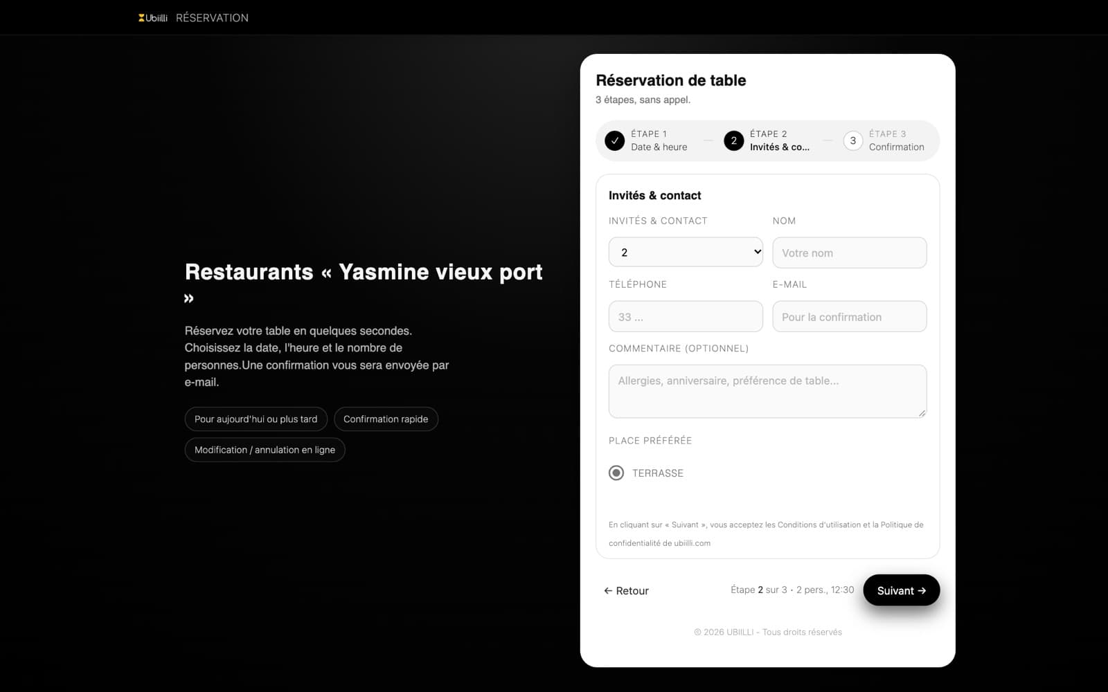 Booking form — step two: guests, contact details and preferred area.