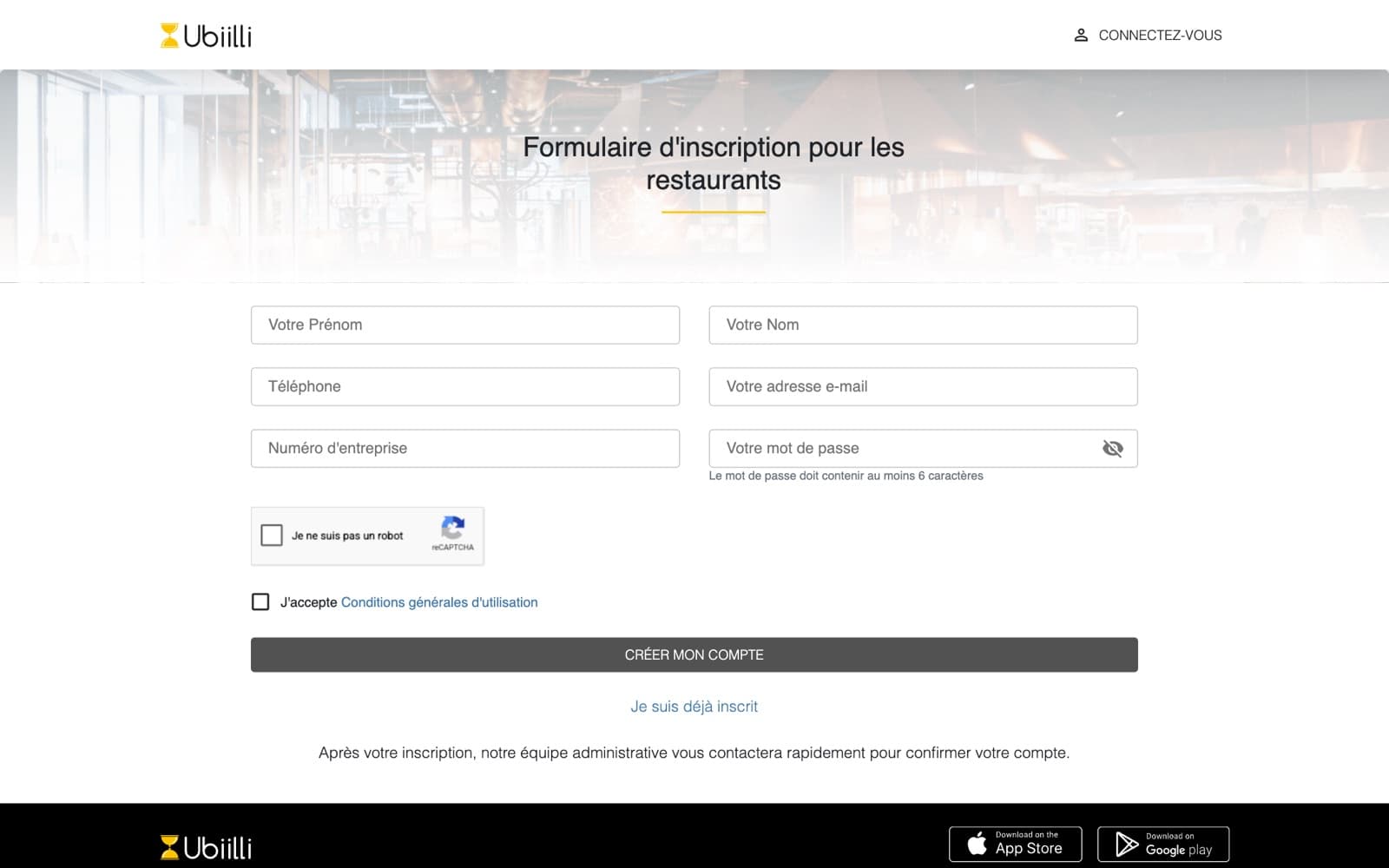 Restaurant sign-up — the entry point to the partner account.
